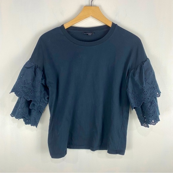 Topshop Tops - TopShop 100% Cotton Essential Eyelet Ruffle Sleeve Blouse Shirt Top Black Size 2